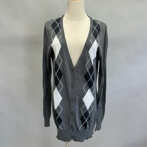 Vintage Y2K DressBarn gray longline argyle print‎ cardigan sweater size large